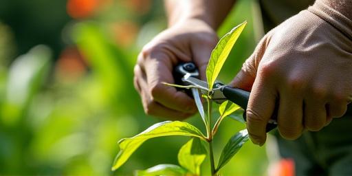 A gardener carefully pruning a plant in a lush garden.
